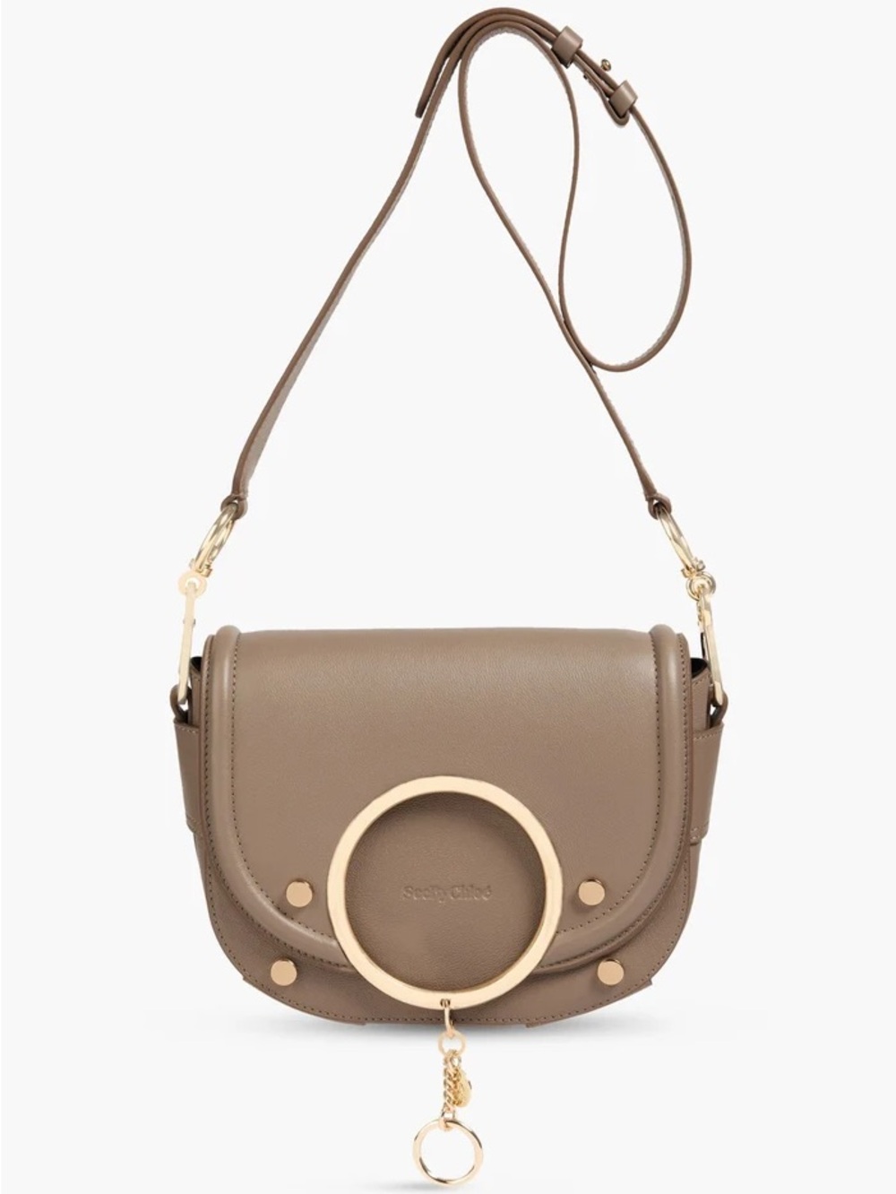 See By Chloe Taupe Leather Crossbody Mara Bag with Gold Ring Accent